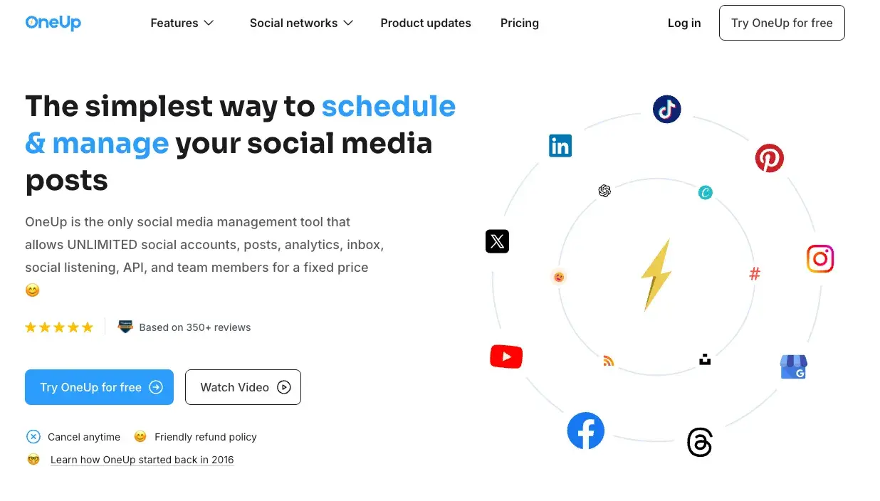 OneUp social media scheduler landing page showing unlimited scheduling and multi-platform management capabilities