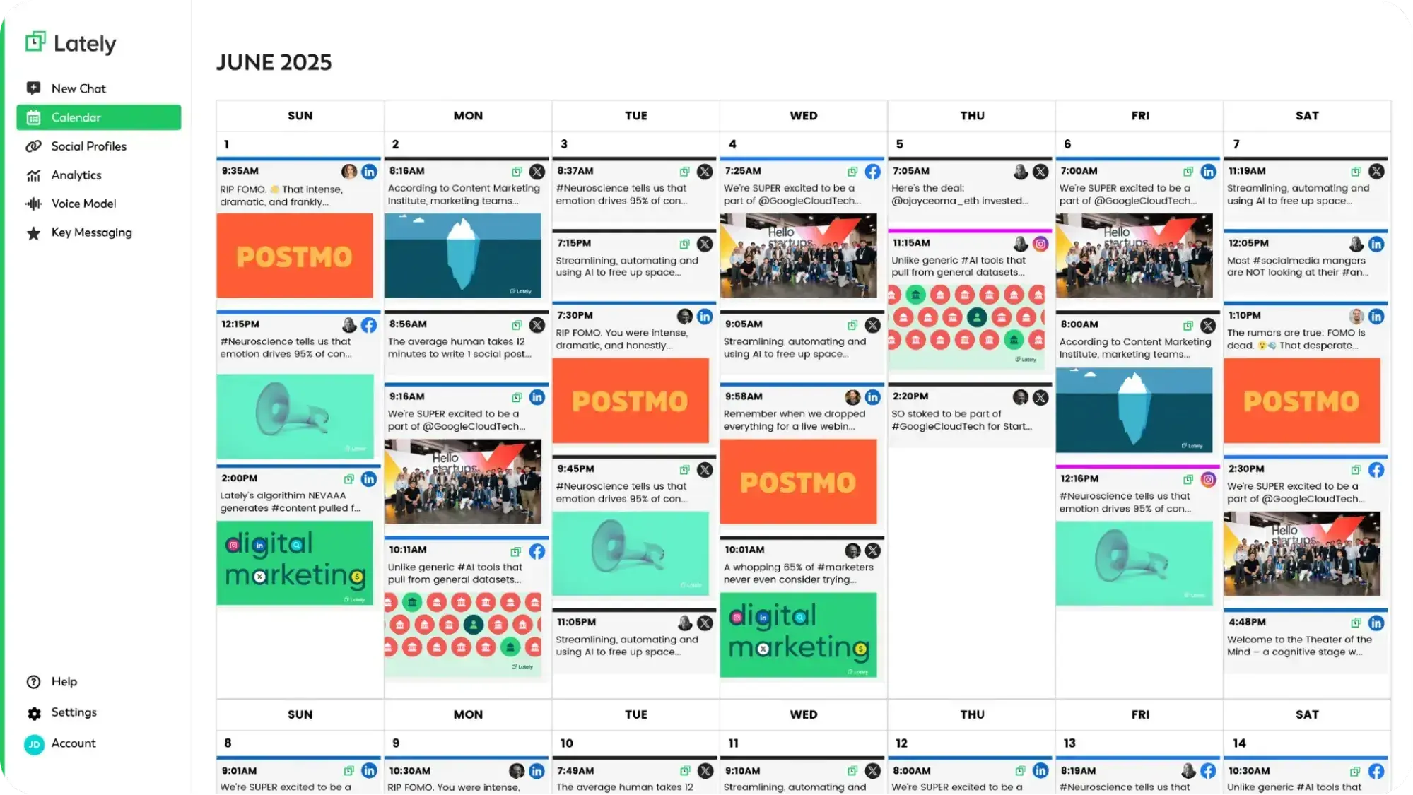 Lately social media scheduler calendar view showing June 2025 with scheduled posts across multiple days