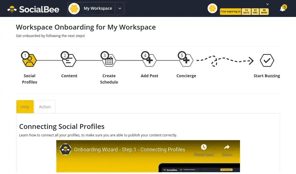 SocialBee social media scheduler onboarding wizard displaying workflow steps for connecting profiles