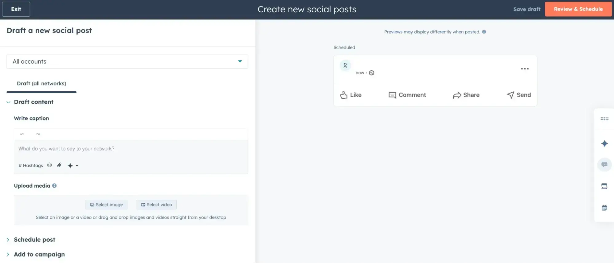 ���ϳԹ��� social media scheduler interface showing post creation form with caption editor and media upload options