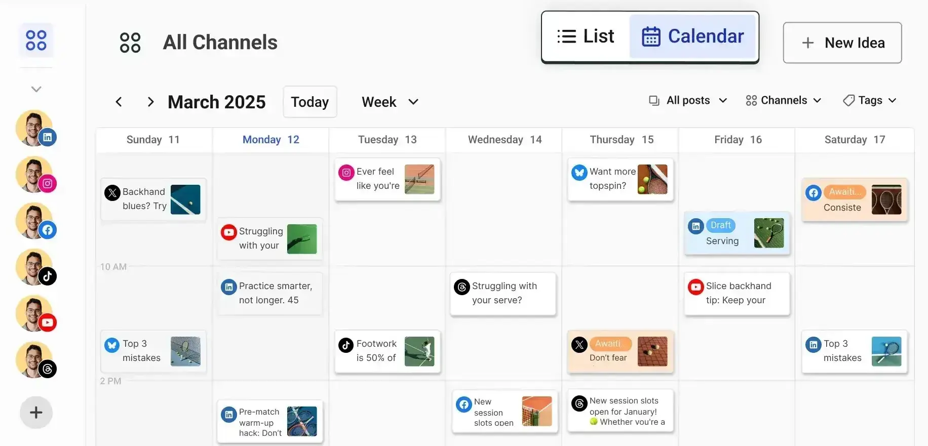 Social media scheduler content calendar view showing week of March 2025 with multiple scheduled posts across platforms