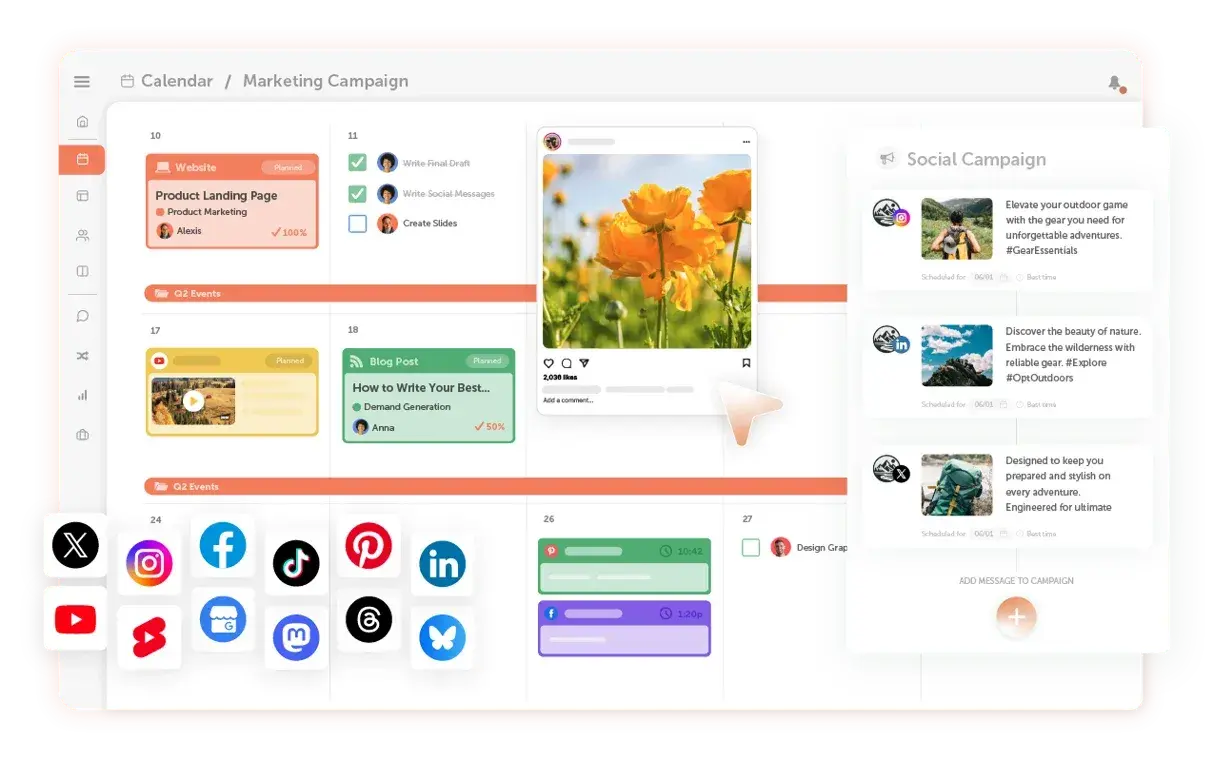 Marketing calendar integrated with social media scheduler showing campaign timeline and social post previews
