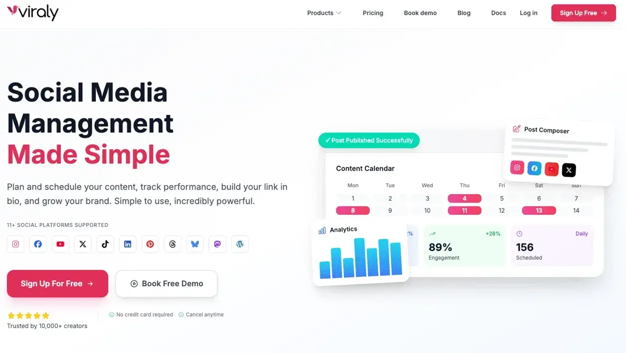 Viraly social media scheduler homepage showcasing content calendar, post composer, and analytics features