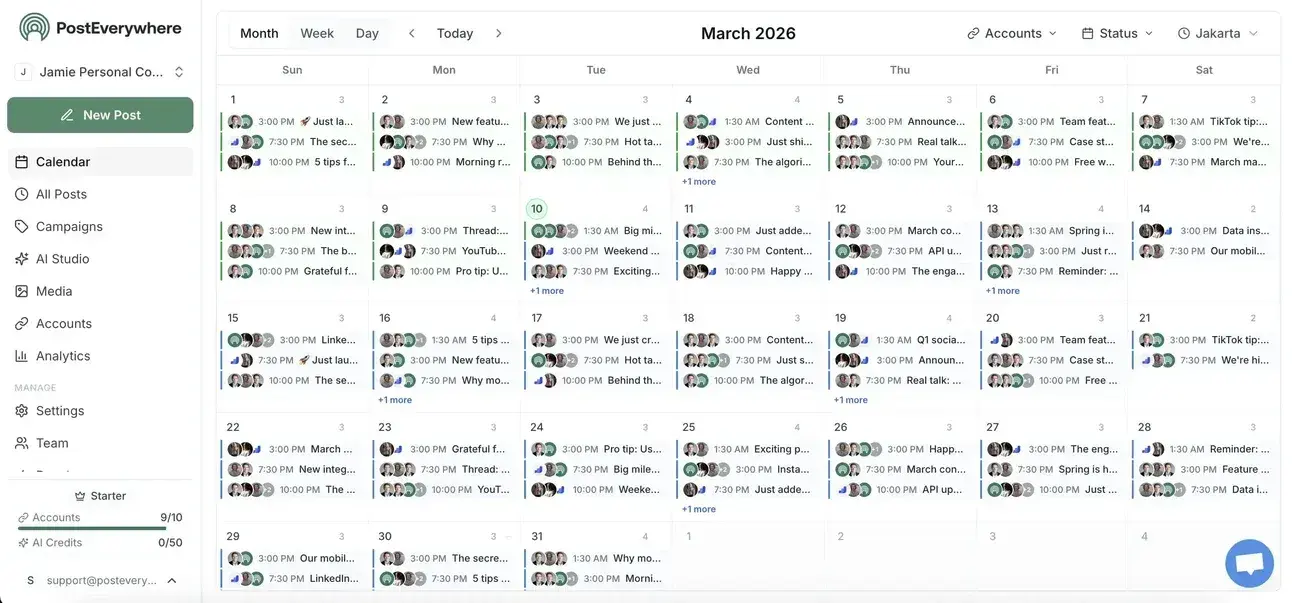 PostEverywhere social media scheduler calendar view for March 2026 with team collaboration and scheduled posts