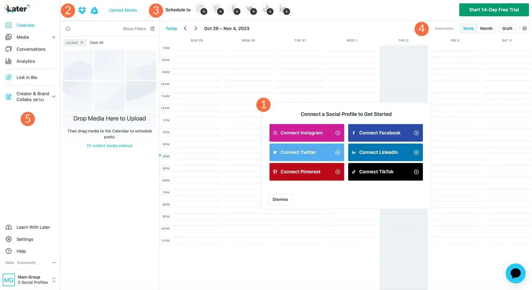Later social media scheduler interface with media upload area and social platform connection options