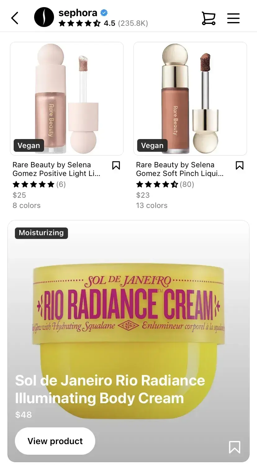 sephoras ig account with in-app shopping links