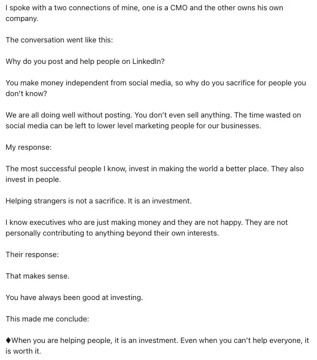 a screenshot of a linkedin users post sharing an inspirational story about making the world a better place by helping others