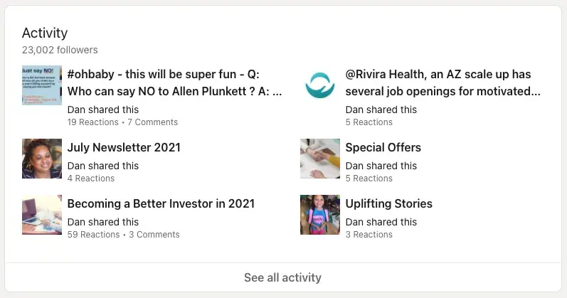 a screenshot dan tyres linkedin activity section showcasing posts hes shared or reacted to