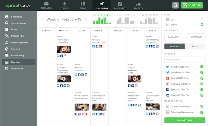 Interface de calendário de conteúdo da Sprout Social, uma ferramenta para agendar posts do Instagram