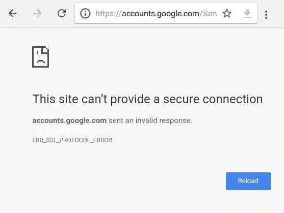 Screenshot of a website showing an ERR_SSL_PROTOCOL_ERROR message