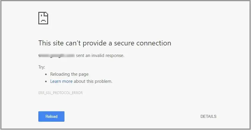 Screenshot of a website showing an error because of a problem in an SSL certificates chain of trust