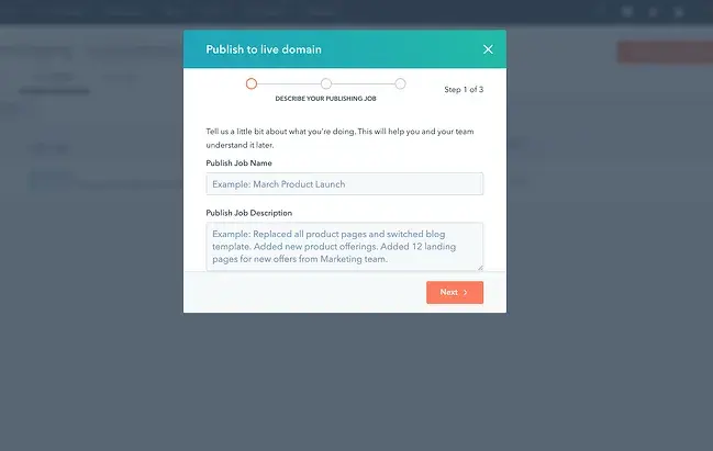 Publish to live domain pop-up dialog box showing with a three-step progress bar labeled Describe Your Publishing Job'