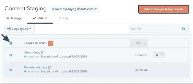 Content Staging Page with a checkbox for selecting multiple pages indicated along with a button labeled Publish 2 pages to live domain