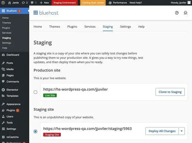 Bluehosts staging menu saying A staging site is a copy of your site where you can safely test changes before publishing them to your production site