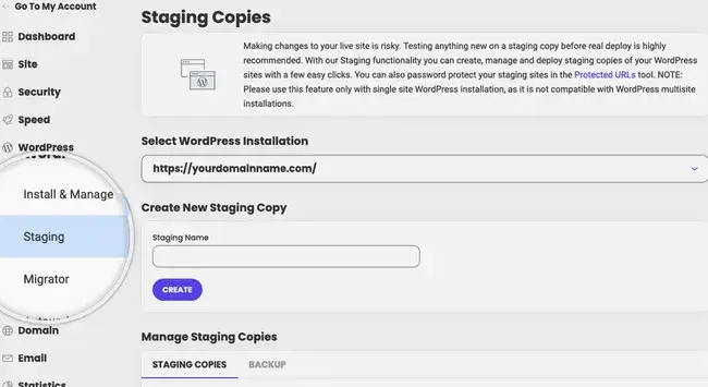 SiteGrounds Staging Copies page is shown with options to select a WordPress Installation or to Create New Staging Copy'