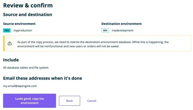 A screenshot of WPEngines Review and confirm' dialog box is shown with a warning symbol stating