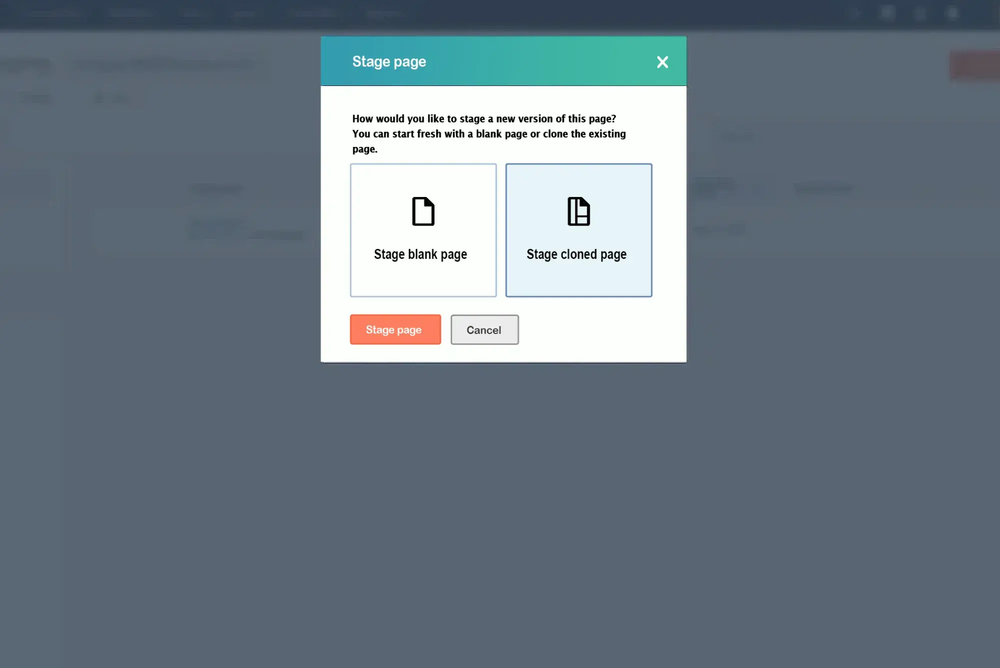 ̽ѡ's Stage page dialog box pop-up showing the Stage cloned page option selected.