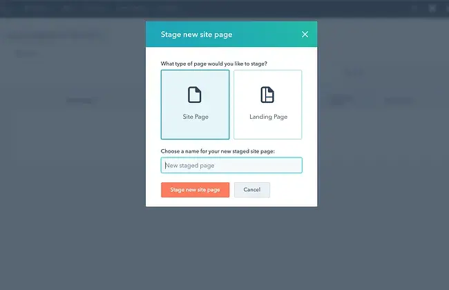 ̽ѡ's Stage new site page pop-up dialog box is showing with the questions giving the option to choose between a Site Page and a Landing Page and a text box with prompt