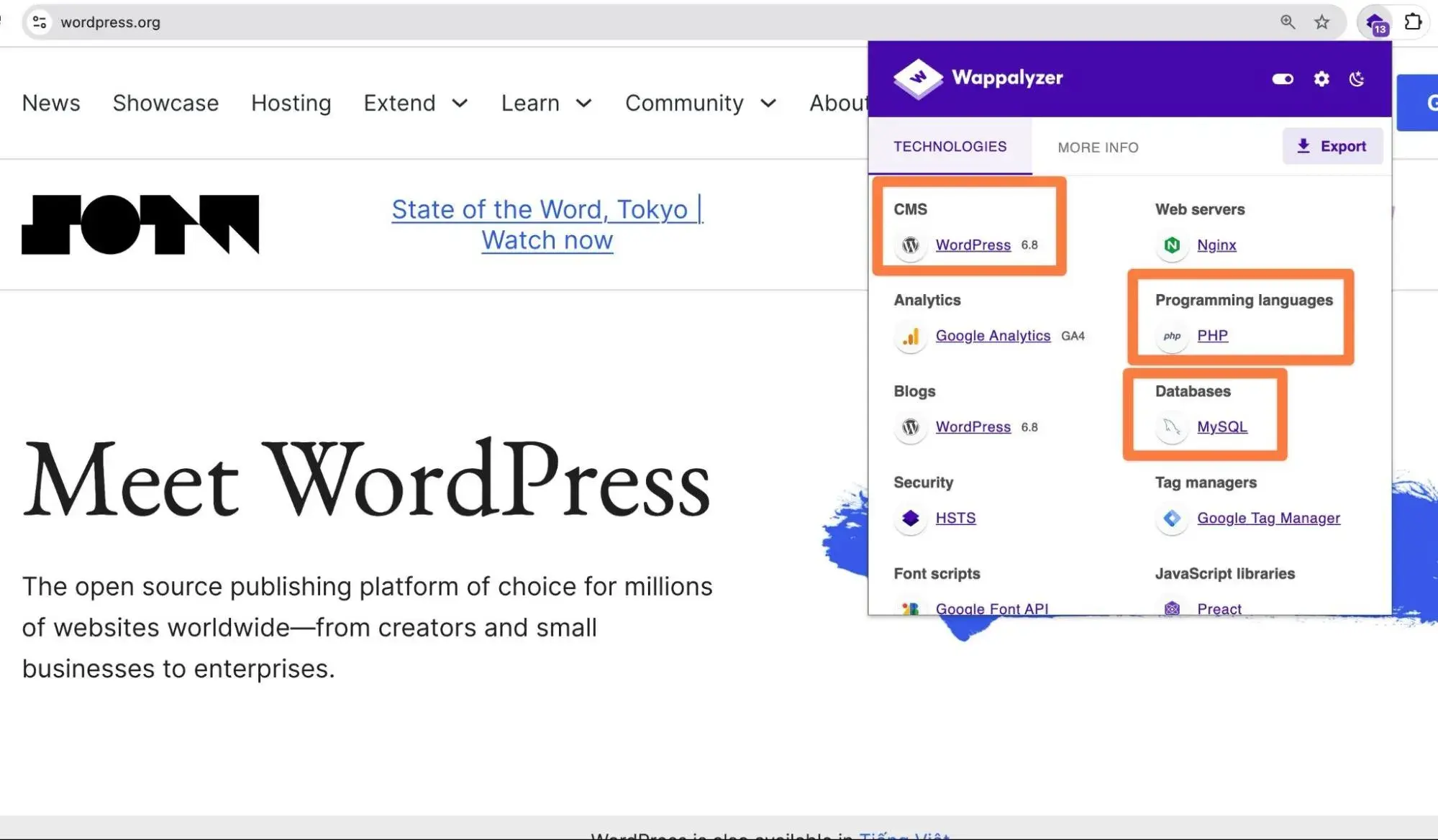 how to use wappalyzer to tell if a website is dynamic or static.