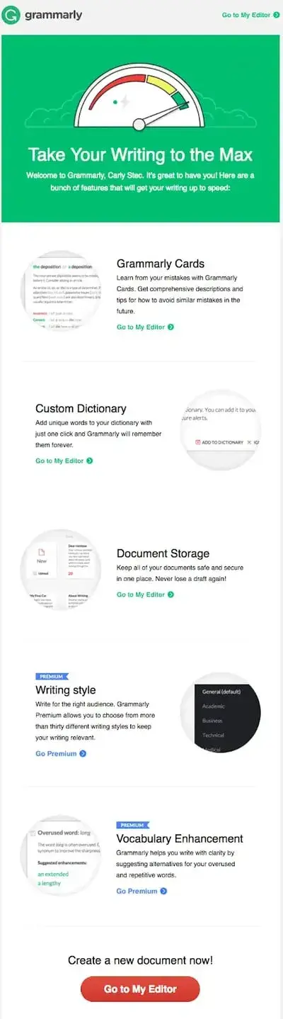 reduce customer churn grammarly onboarding email, example of onboarding roadmap