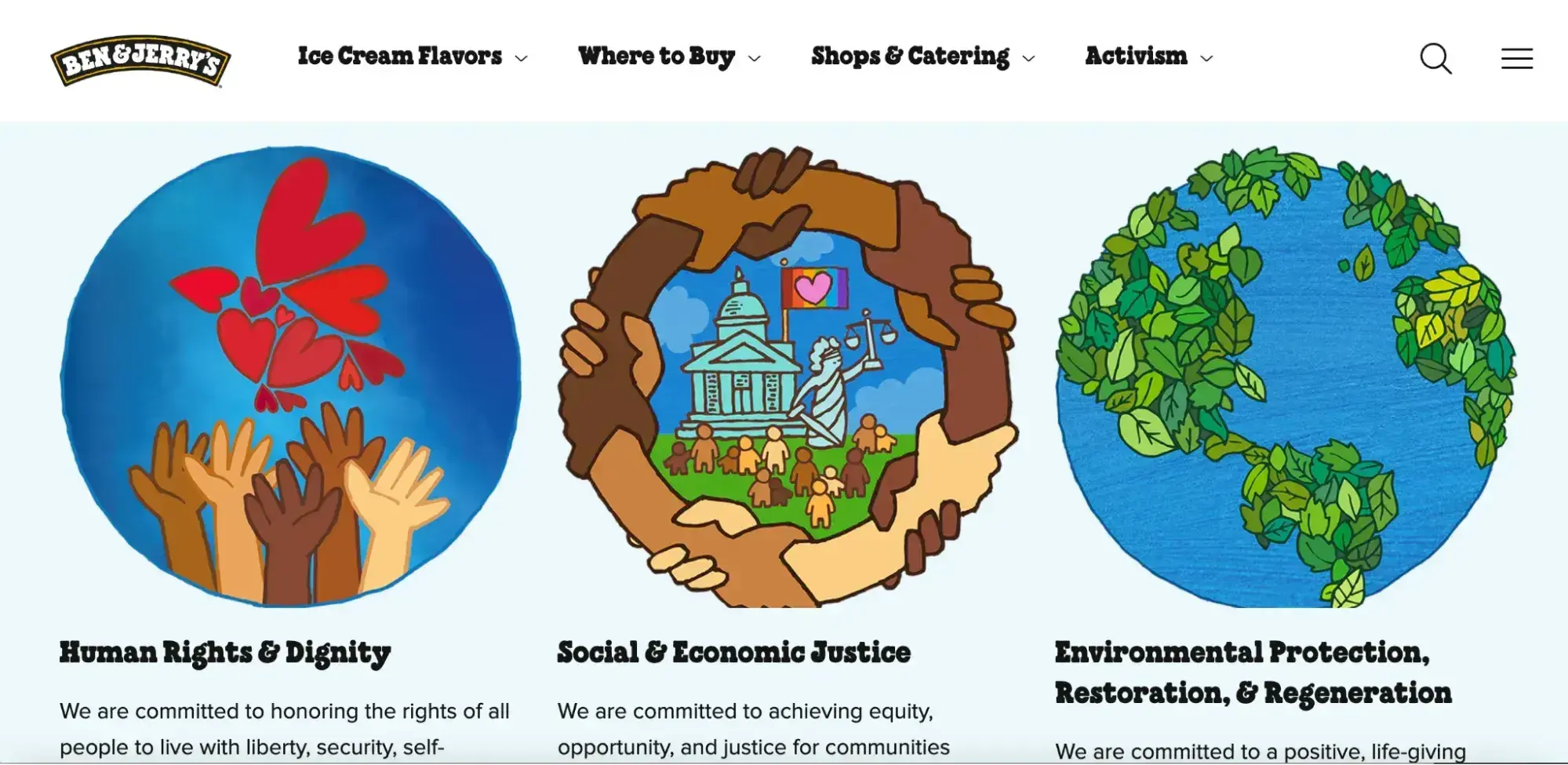 ben &amp; jerrys sustainability marketing is outlined on the website, as in the screenshot attached, and supported by evidence.