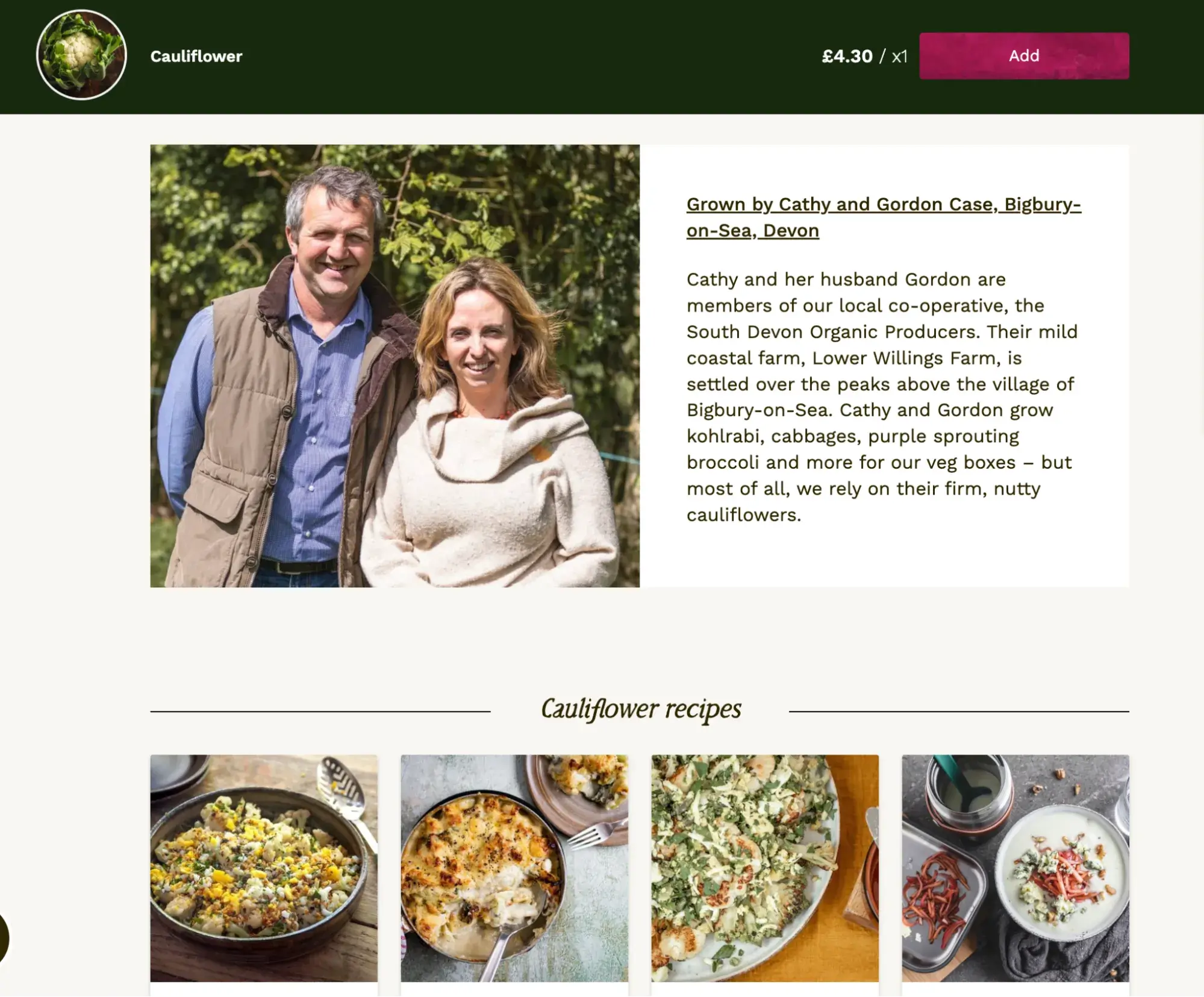 riverford organic farmers cauliflower product listing page with the farmers bio and suggested cauliflower recipes