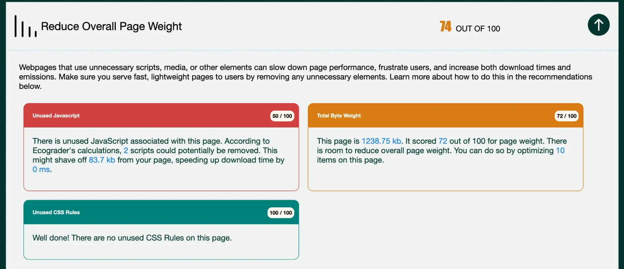 ecograder sustainable web design tool report reduce overall page weight section
