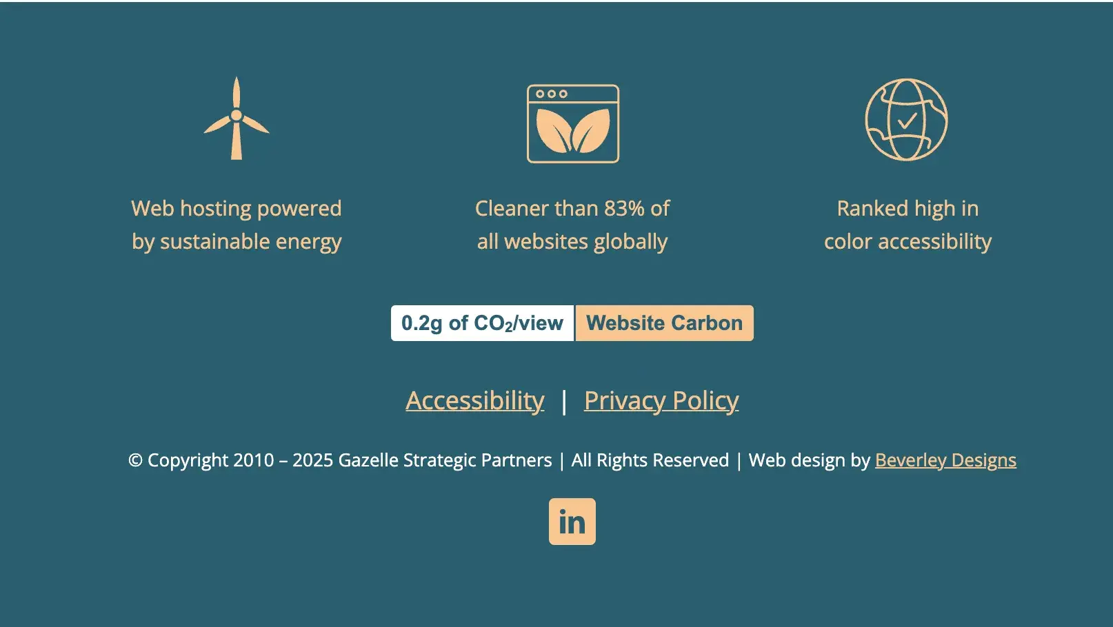 sustainable website design: the footer of gazelle strategic partners shows its eco-friendly efforts, including stating it has web hosting powered by sustainable energy and is cleaner than 83% of all websites globally.