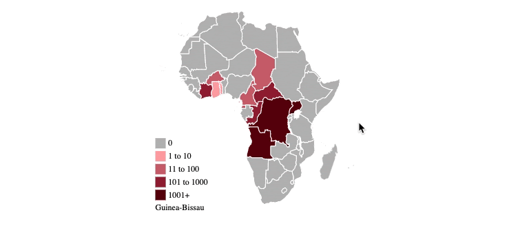 An animation of an interactive SVG diagram of Africa. A cursor hovers over different countries in the diagram and the countries change color in response