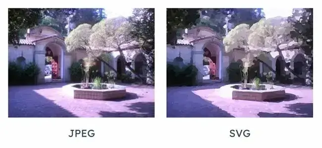 A side-by-side comparison of an image of a courtyard in both JPEG and SVG format. the SVG format image is lower resolution than the jpeg format image