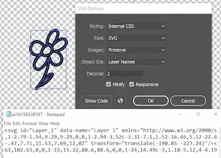 Exporting and illustration as an SVG in a vector graphics editing program, Adobe Illustrator