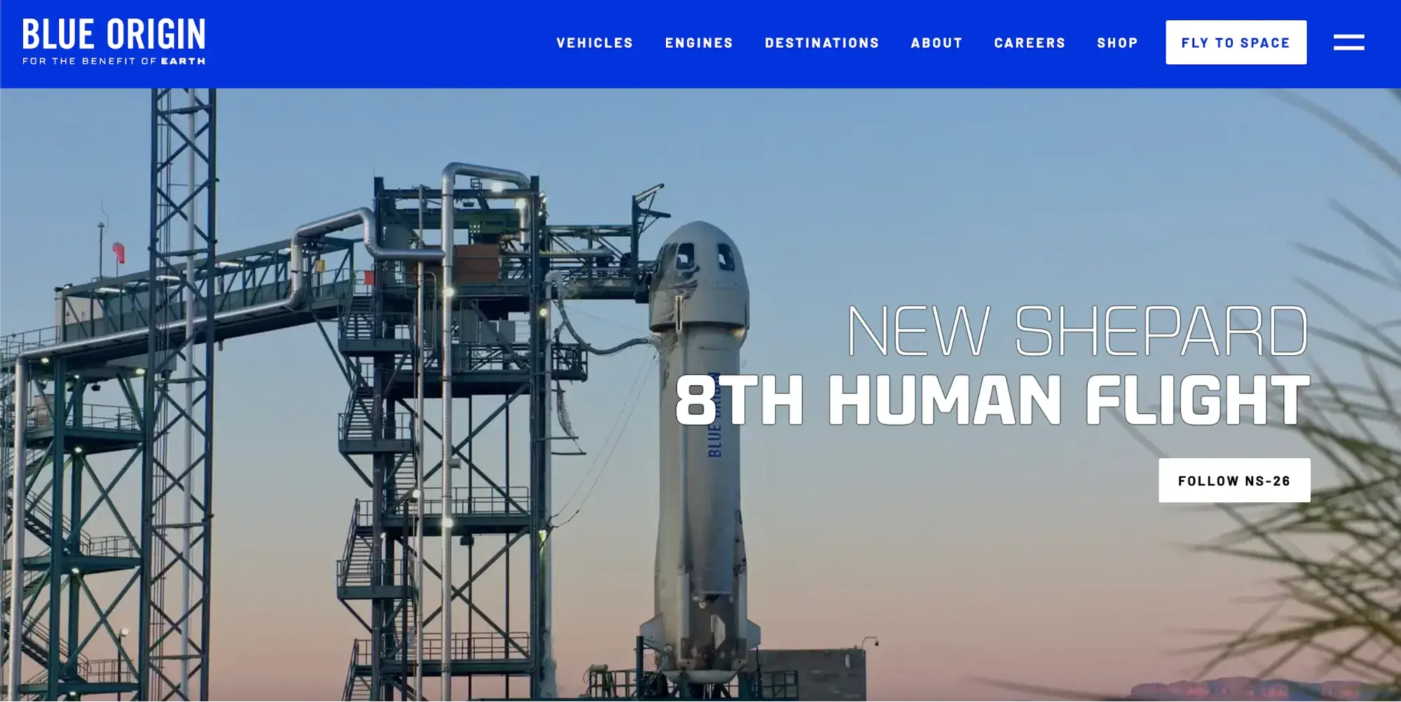 tech website design example: Screenshot of Blue Origins website