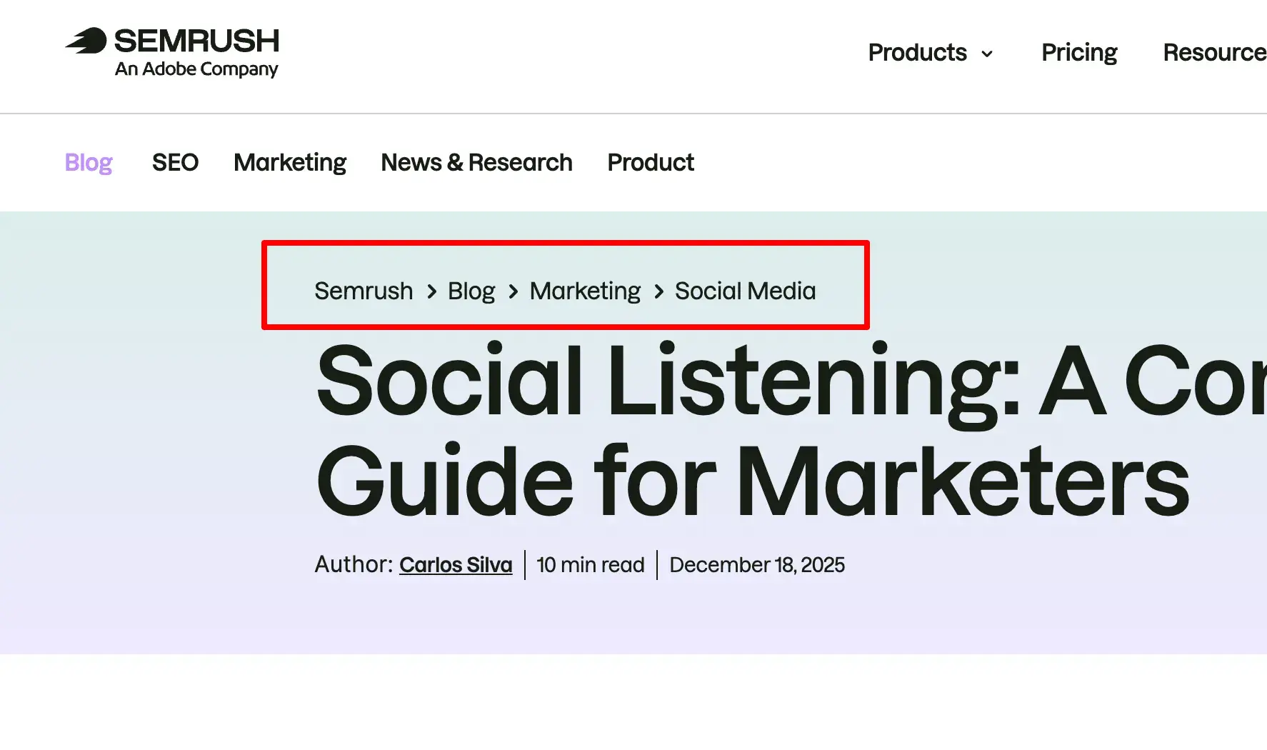 Semrush website breadcrumb navigation trail showing nested categories: Blog > ����Vlog > Social Media