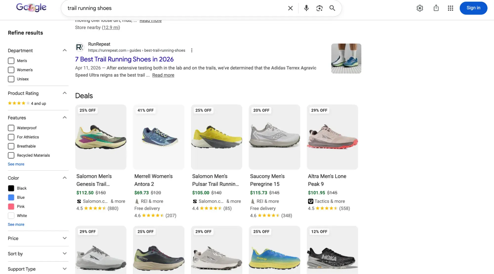 Google search results page showing rich product results for trail running shoes with images, prices, and ratings