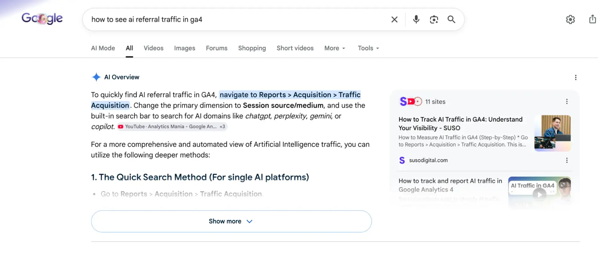 Google search results page displaying AI Overview feature with answer summary and source citations