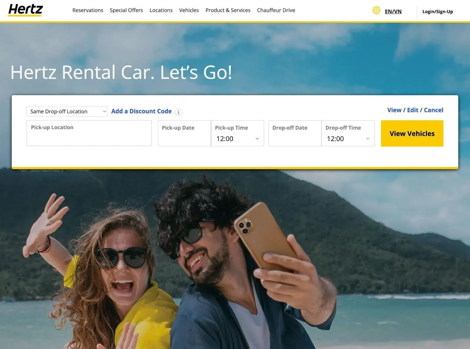the hertz car rental page uses geographic personalization to adjust the hero image