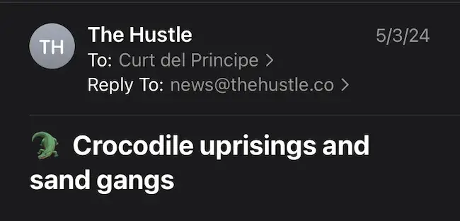 Screenshot of a Hustle Headline, Crocodile uprisings and sand gangs]