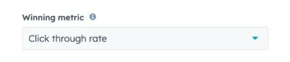 Screenshot of AB test winning metric dropdown menu]