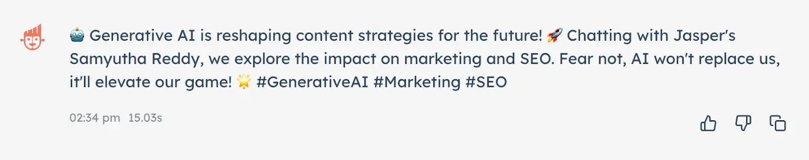 Generative AI is reshaping content strategies for the future! Chatting with Jaspers Samyutha Reddy, we explore the impact on marketing and SEO. Fear not, AI wont replace us, itll elevate our game! #generativeai #marketing #seo