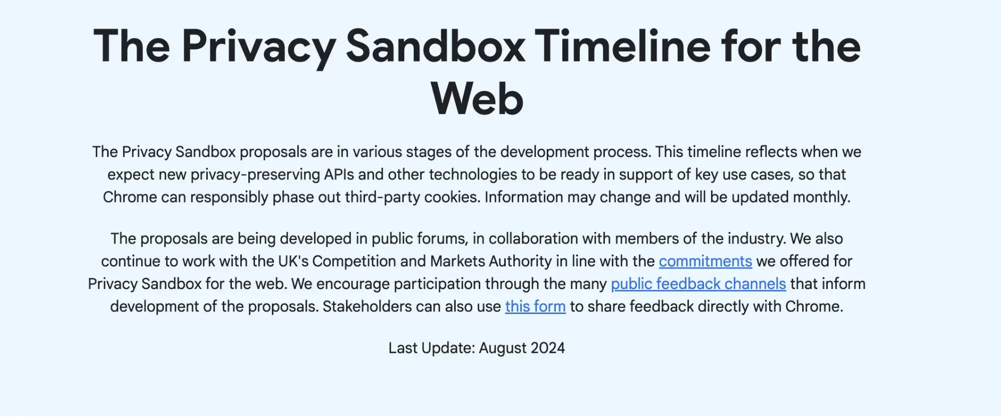 Screencap of The Privacy Sandbox Timeline for the Web. 