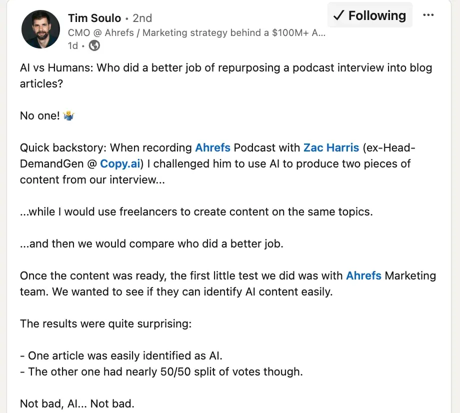 tim soulos recent linkedin post