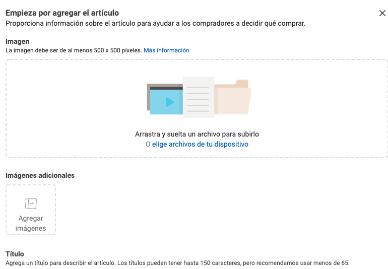 Formulario para agregar artículos manualmente a la tienda de Facebook