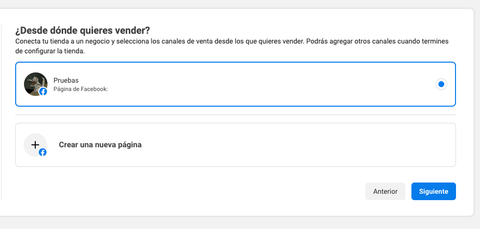 Pantalla para seleccionar canales de venta para la tienda en Facebook