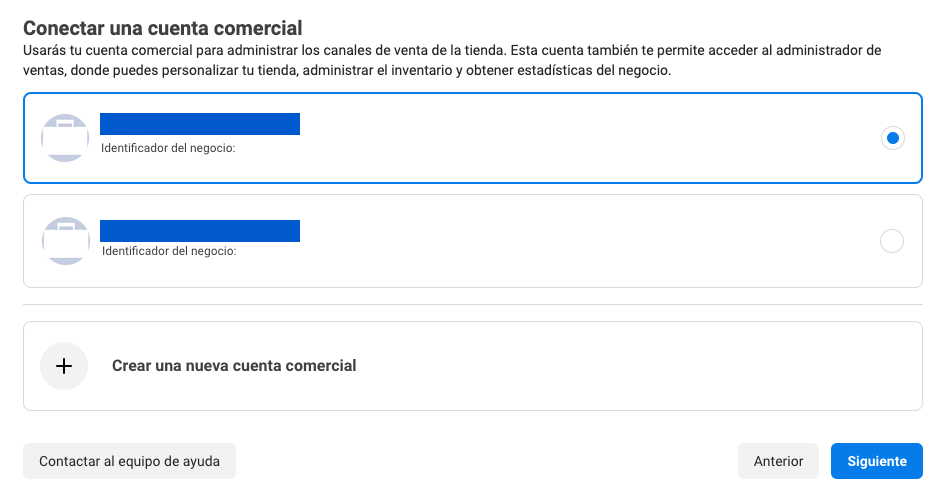 Conectar la cuenta comercial para la creación de una tienda en Facebook