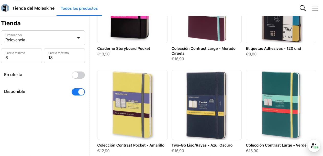 Ejemplo de tienda en Facebook de Moleskine