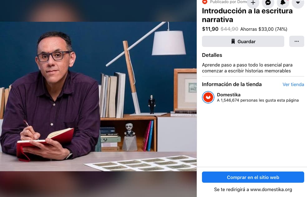 Descripción de curso en tienda en Facebook de Domestika