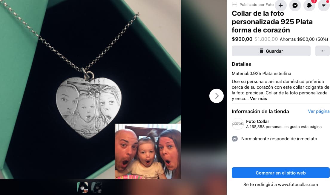 Descripción de producto con descuento en la tienda en Facebook de Foto Collar