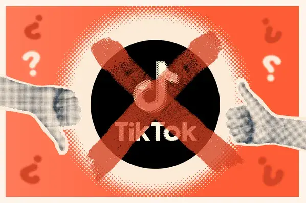 graphic showcasing tiktok's logo in the center with an 'x' over it signifying its ban along with question marks around the side with a thumbs up and thumbs down on either side