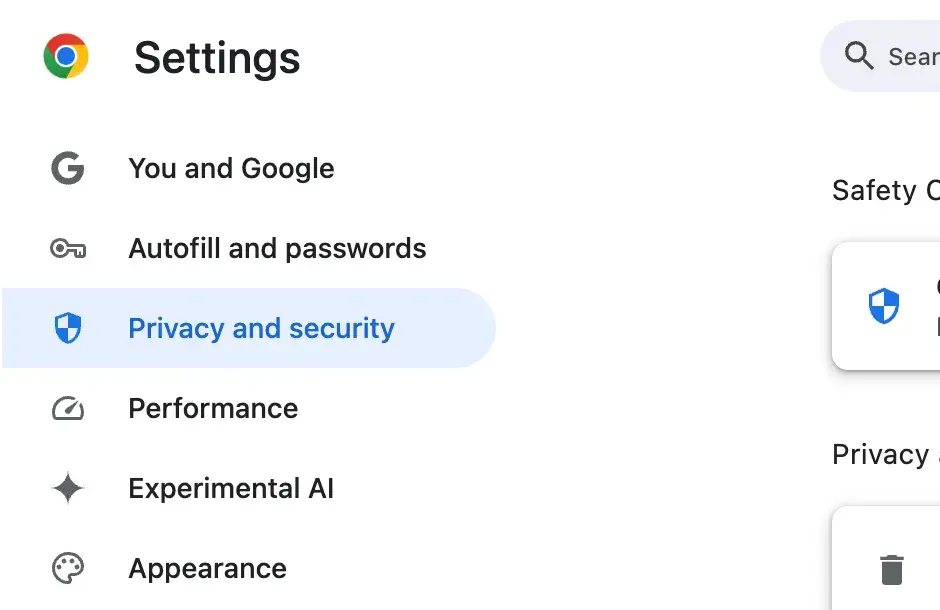 Chrome settings showing Privacy and security