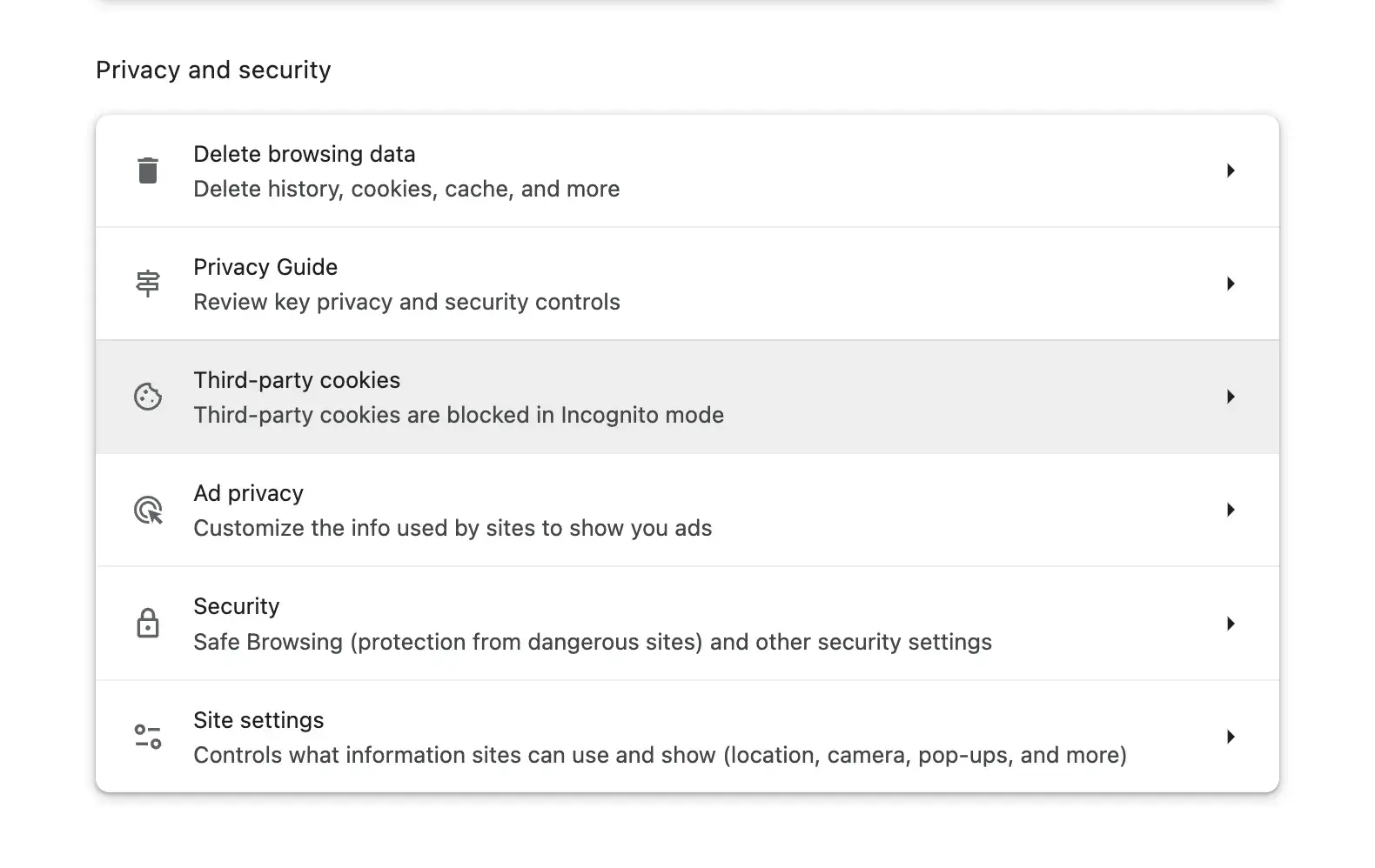 Chrome privacy settings with Third-party cookies highlighted